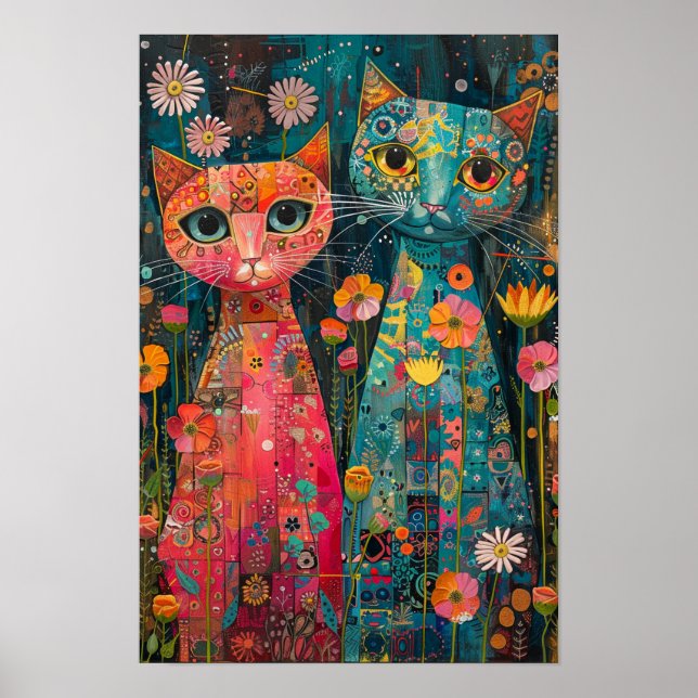 Floral Cats in Daisy Field: Vibrant Art Piece Poster (Front)