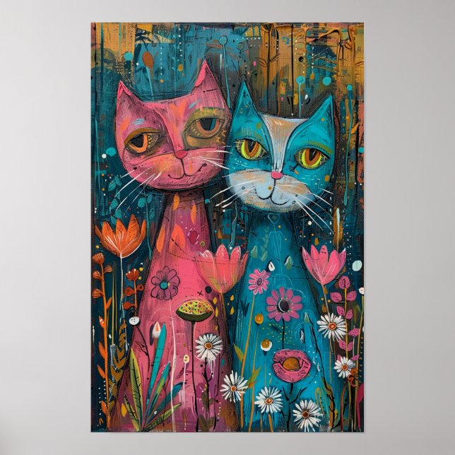 Floral Cats in Daisy Field: Vibrant Art Piece Poster (Front)