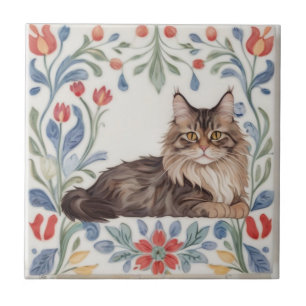 Floral Cats - MaineCoon Cat Colourful Folk Flowers Tile