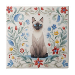 Floral Cats - Siamese Cat Colourful Folk Flowers Tile