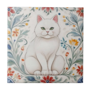 Floral Cats - White Cat Colourful Folk Flowers Tile