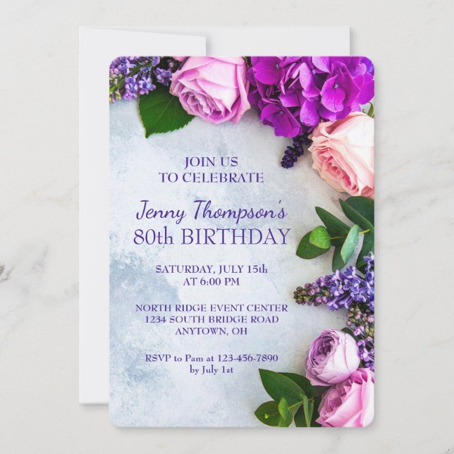 Floral Celebration Custom 80th Birthday Party Invitation (Front)
