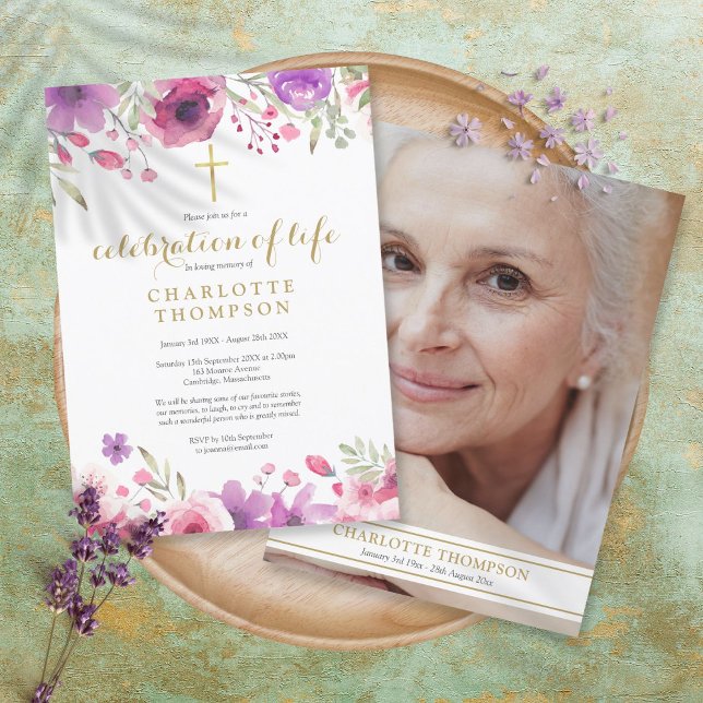 Floral Celebration of Life Christian Funeral Photo Invitation (Creator Uploaded)