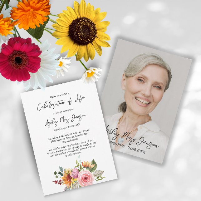 Floral Celebration of Life Photo Funeral Invitation (Creator Uploaded)