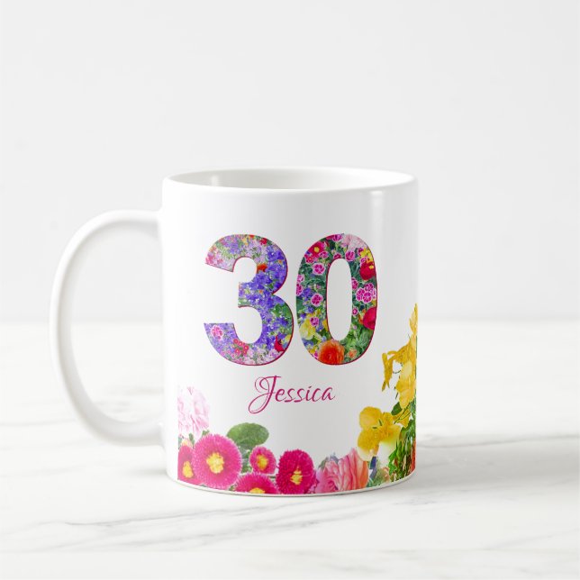 Floral Celebration Personalised 30th Birthday Mug (Left)
