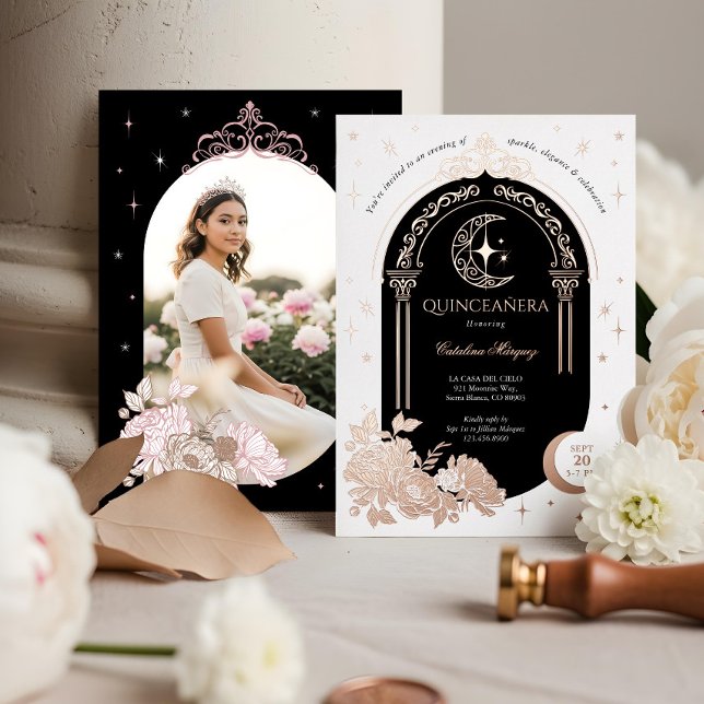 Floral Celestial Moon Star Tiara Quinceanera Photo (Floral Celestial Moon Star Tiara Quinceanera Photo Foil Invitation)