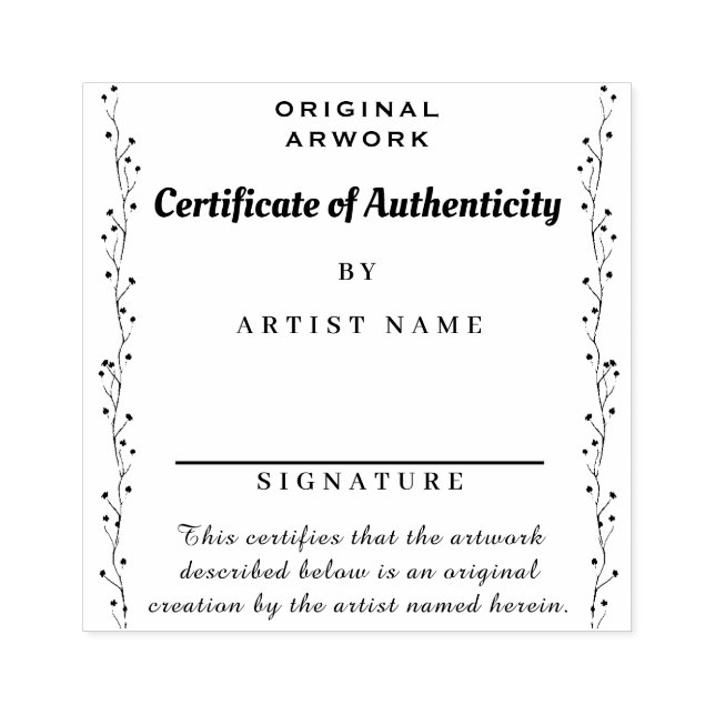 Floral Certificate of Authenticity  Rubber Stamp (Imprint)
