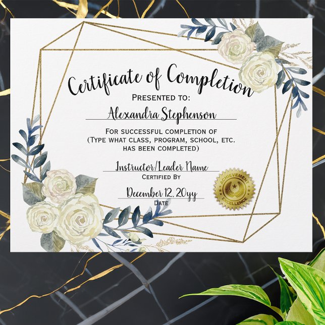 Floral Certificate of Completion, Customise 8.5x11 (certificate of completion)