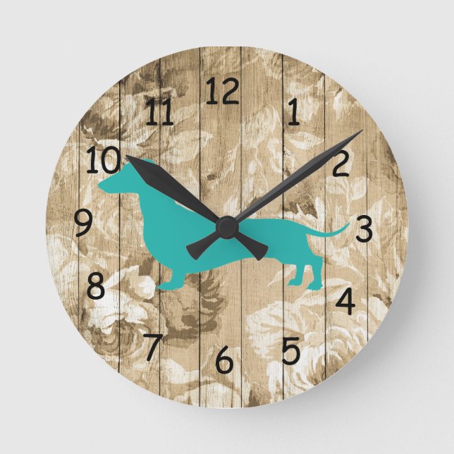 Floral Chalk Wood Faux Dachshund Wall Clock (Front)