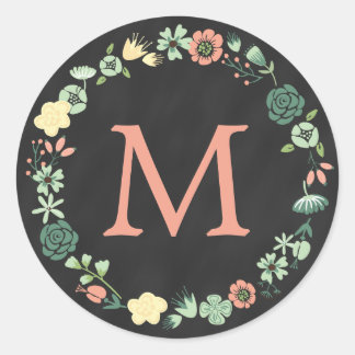 FLORAL CHALKBOARD MONOGRAM CLASSIC ROUND STICKER