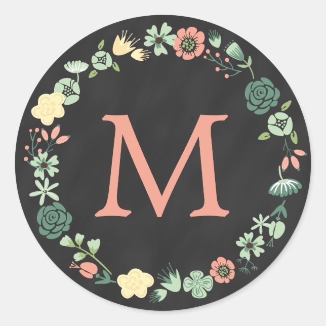 FLORAL CHALKBOARD MONOGRAM CLASSIC ROUND STICKER (Front)