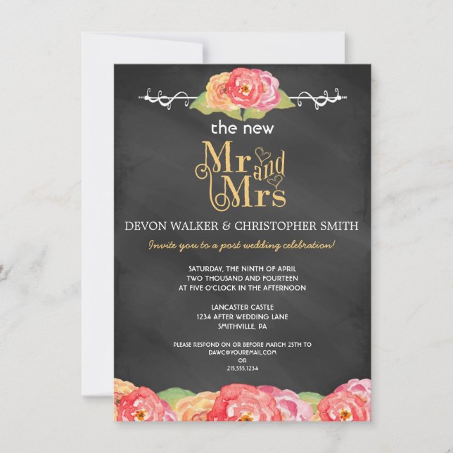 Floral Chalkboard Post Wedding Party Invitation (Front)