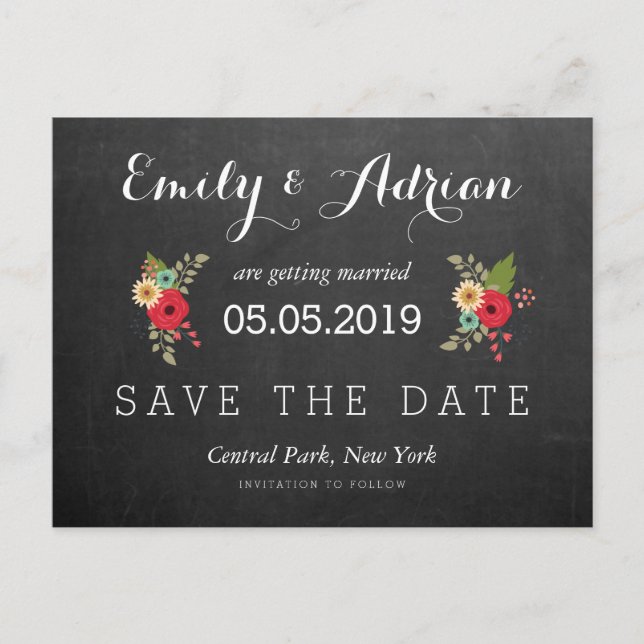 Floral Chalkboard Save the Date Postcards (Front)