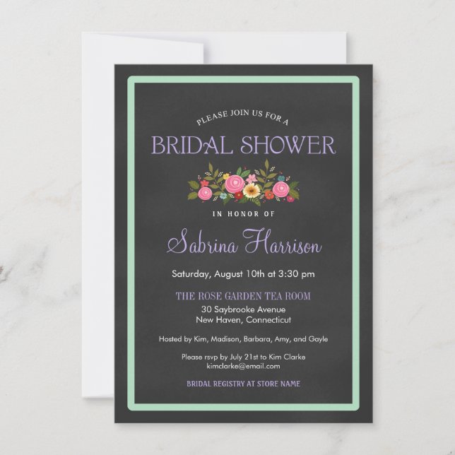 Floral Chalkboard Style Bridal Shower Invitations (Front)