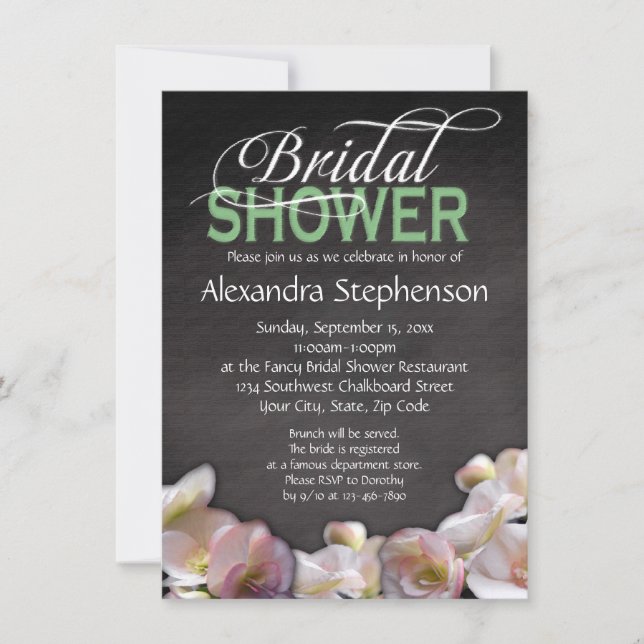 Floral & Chalkboard w/Green Bridal Shower Invitation (Front)