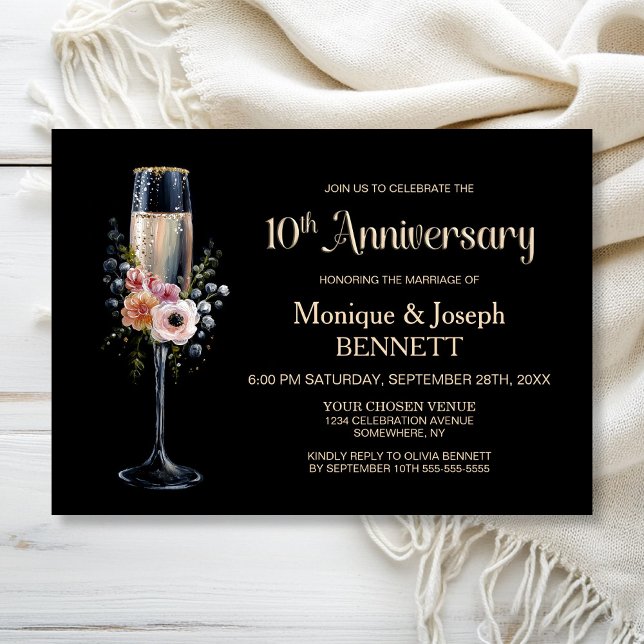 Floral Champagne Glass 10th Wedding Anniversary Invitation (Creator Uploaded)