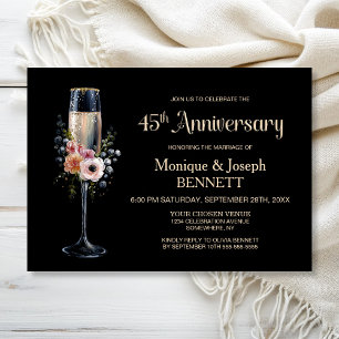 Floral Champagne Glass 45th Wedding Anniversary Invitation