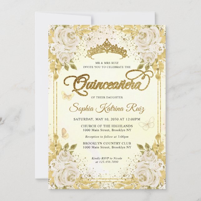 Floral Champagne Gold Glitter Crown Quinceañera Invitation (Front)