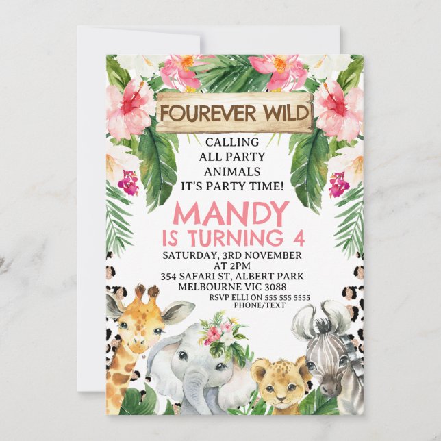 Floral Cheetah Print Fourever Wild 4th Birthday Invitation (Front)