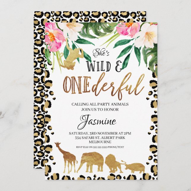 Floral Cheetah Print Onederful Birthday Invitation (Front/Back)