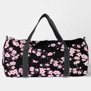Floral Cherry Blossom Black Pink Duffle Bag
