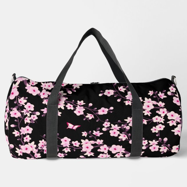 Floral Cherry Blossom Black Pink  Duffle Bag (Front)