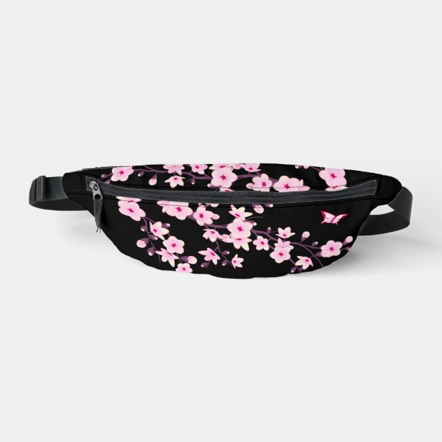 Floral Cherry Blossom Black Pink Monogram Bum Bags (Front)