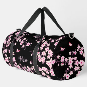 Floral Cherry Blossom Black Pink Monogram Duffle Bag