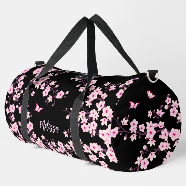 Floral Cherry Blossom Black Pink Monogram Duffle Bag (Left Corner)
