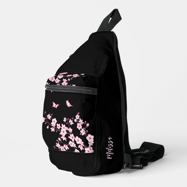 Floral Cherry Blossom Black Pink Monogram Sling Bag (Right Corner)