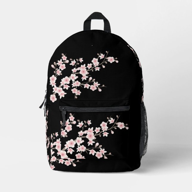 Floral Cherry Blossom Blush Pink Black Printed Backpack (Front)
