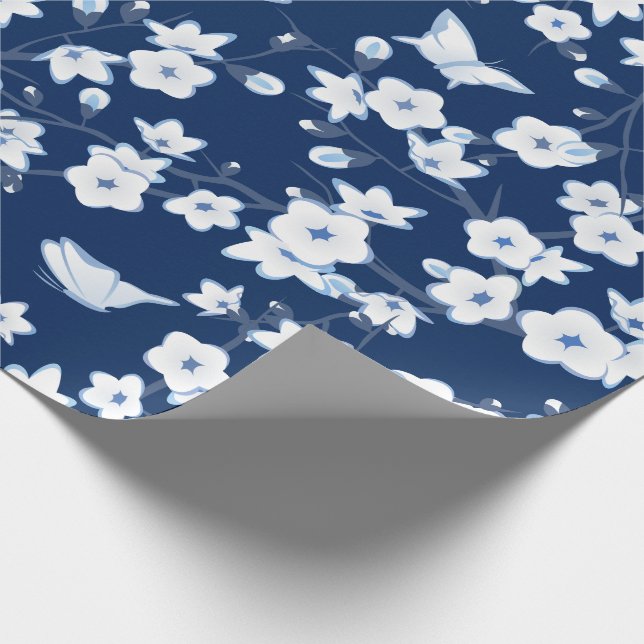 Floral Cherry Blossom Butterflies Navy Blue White Wrapping Paper (Corner)