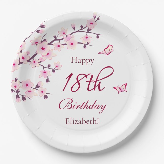 Floral Cherry Blossom | Custom Birthday Party Paper Plate (Front)