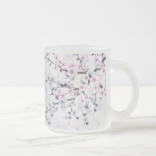 Floral Cherry Blossom Dusky Pink Mauve Frosted Glass Coffee Mug (Right)