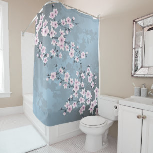 Floral Cherry Blossom Dusty Pink Blue Shower Curtain