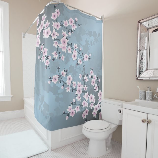 Floral Cherry Blossom Dusty Pink Blue Shower Curtain (In Situ)