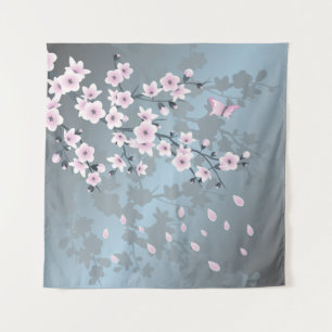 Floral Cherry Blossom Dusty Pink Blue Tapestry