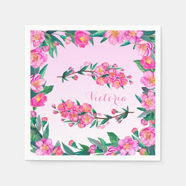 Floral Cherry Blossom Flowers Branch Pink Monogram Napkin (Front)