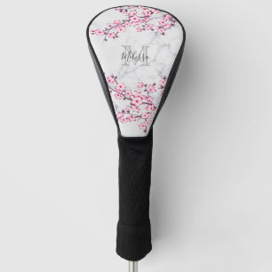 Floral Cherry Blossom Light Grey Marble Monogram Golf Head Cover