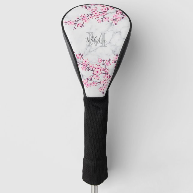 Floral Cherry Blossom Light Grey Marble Monogram Golf Head Cover (Front)