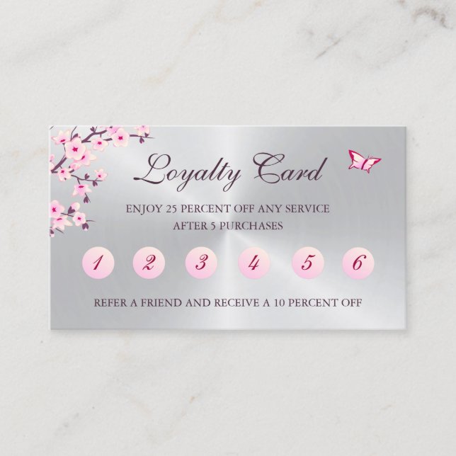 Floral Cherry Blossom Loyalty Card Pink Silver (Front)
