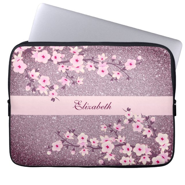 Floral Cherry Blossom Mauve Bling Monogram  Laptop Sleeve (Front)