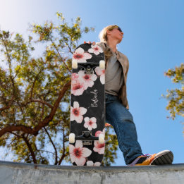 Floral Cherry Blossom Monogram Black Pink Girly Skateboard