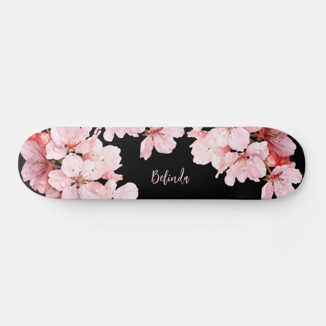 Floral Cherry Blossom Monogram Black Pink Girly Skateboard (Horz)