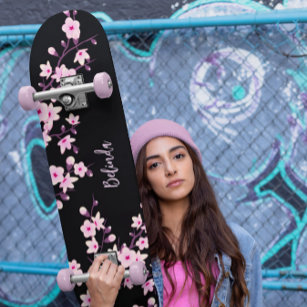 Floral Cherry Blossom Monogram Black Pink Girly Skateboard