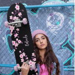 Floral Cherry Blossom Monogram Black Pink Girly Skateboard<br><div class="desc">Pink black botanical Japanese cherry blossom design for teen girls.
Customise this Skateboard with your daughter's name!</div>