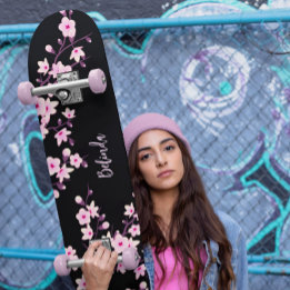 Floral Cherry Blossom Monogram Black Pink Girly Skateboard