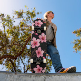 Floral Cherry Blossom Monogram Black Pink Girly Skateboard