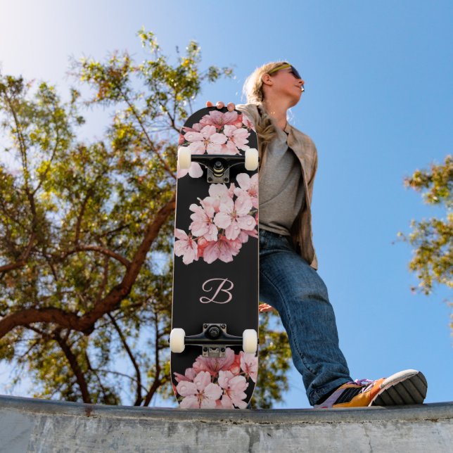 Floral Cherry Blossom Monogram Black Pink  Skateboard (Outdoor 1)