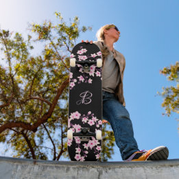 Floral Cherry Blossom Monogram Black Pink  Skateboard